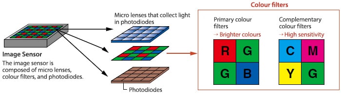 Image Sensor : The image sensor is composed of micro lenses, colour filters, and photodiodes.