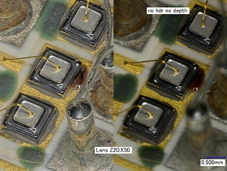 Left: HDR imaging + depth composition/right: without (50x)