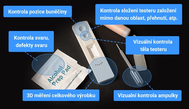 Kontrola pozice buněčiny, Kontrola složení testeru založení mimo danou oblast,přehnutí, atp., warping etc., kontrola svaru, defekty svaru, Vizuální kontrola těla testeru, 3D měření celkového výrobku, Vizualní kontrola ampulky