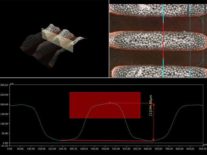 3D měření pájecí pasty pomocí digitálního 4K mikroskopu řady VHX