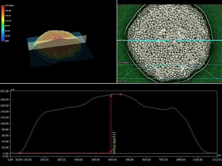 Horní i dolní příklad zobrazují kruhové osvětlení (300×) + 3D měření a měření profilu