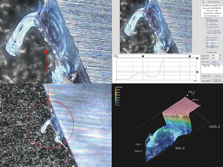 Pozorování vadného okraje s náklonem (snímky s vysokým/nízkým zvětšením, měření 3D tvaru a měření profilu)
