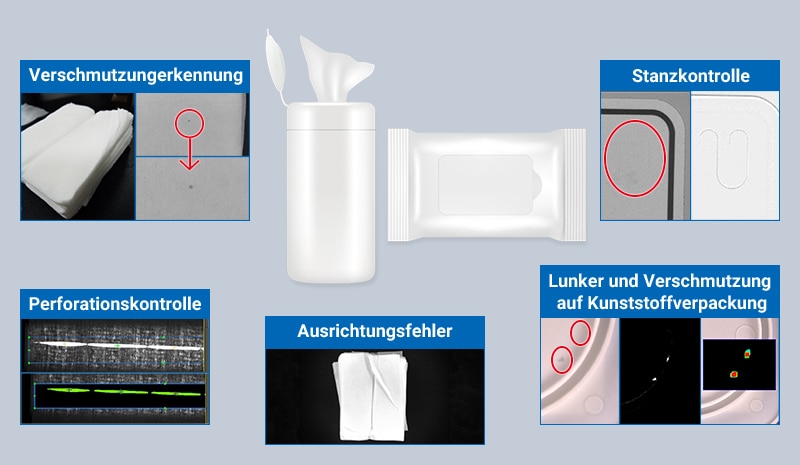 Verschmutzungerkennung / Stanzkontrolle / Perforationskontrolle / Ausrichtungsfehler / Lunker und Verschmutzung auf Kunststoffverpackung