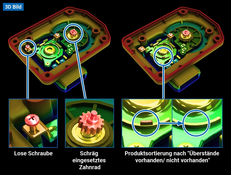 [3D Bild] Lose Schraube / Schräg eingesetztes Zahnrad / Produktsortierung nach "Überstände vorhanden / nicht vorhanden"