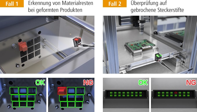 [Fall 1] Erkennung von Materialresten bei geformten Produkten / [Fall 2] Überprüfung auf gebrochene Steckerstifte