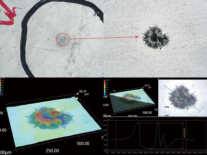 Oben: Betrachtung mit hoher Vergrößerung eines Pinhole / unten: 3D-Form- und Profilmessung