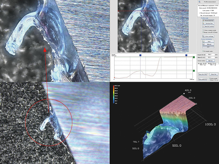 Obserwacja pod kątem uszkodzonej krawędzi (zdjęcia w dużym i małym powiększeniu, pomiar kształtu 3D i pomiar profilu)